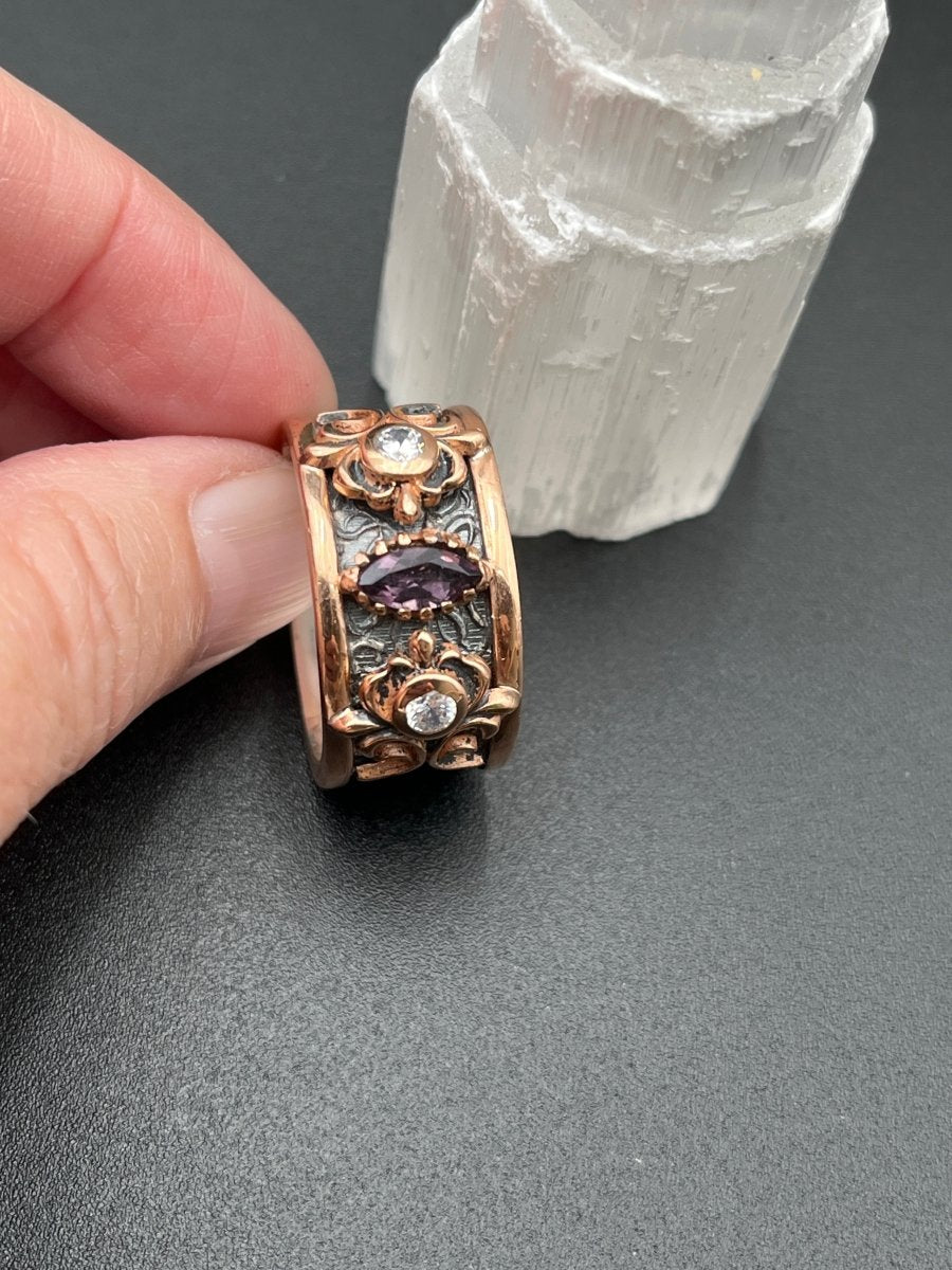 Amethyst and CZs Encircle the Band of Oxidized SilverBORARINGS