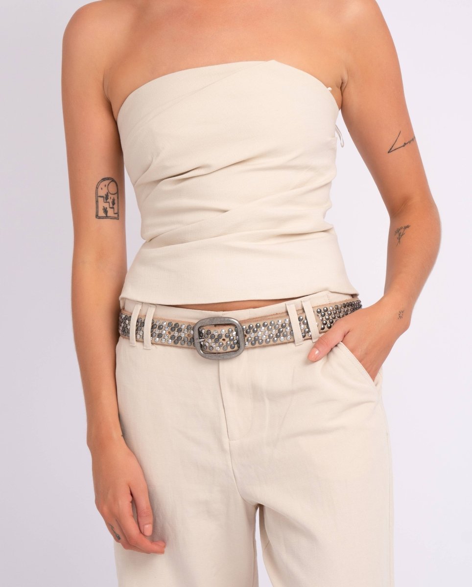 Britta | Vintage Silver Buckle Studded Leather Belt Women: CremeAmsterdam Heritage Leather Belts, Bags, Jackets & Apparelbelt