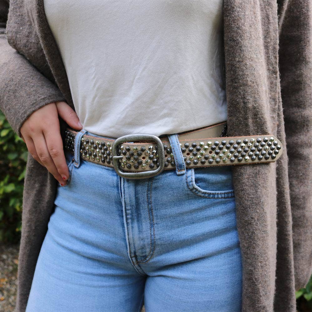 Britta | Vintage Silver Buckle Studded Leather Belt Women: CremeAmsterdam Heritage Leather Belts, Bags, Jackets & Apparelbelt