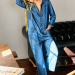 Collared Neck Button Fly Relaxed Denim Jumpsuit: Denim BlueLara Daisyjumpsuit