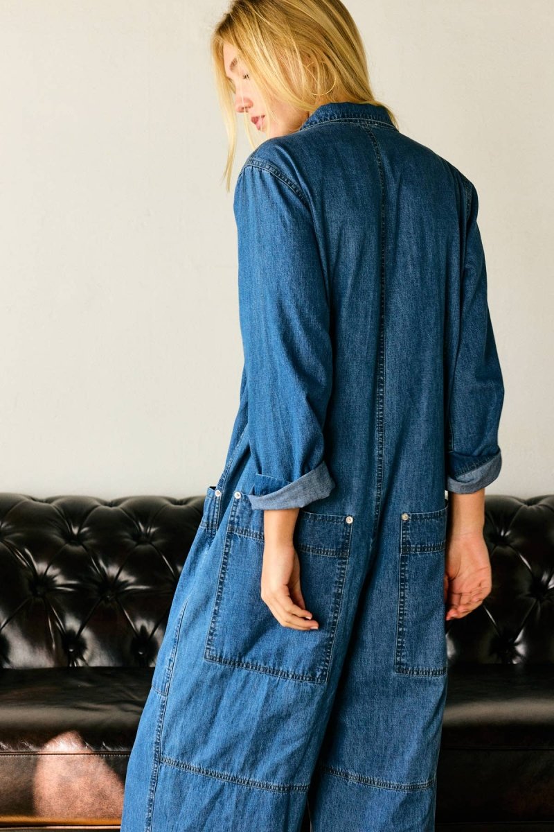 Collared Neck Button Fly Relaxed Denim Jumpsuit: Denim BlueLara Daisyjumpsuit