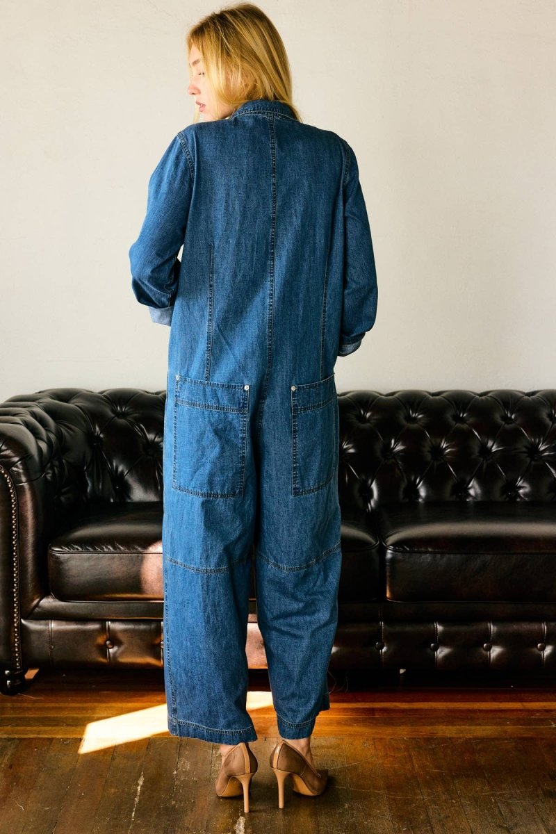 Collared Neck Button Fly Relaxed Denim Jumpsuit: Denim BlueLara Daisyjumpsuit