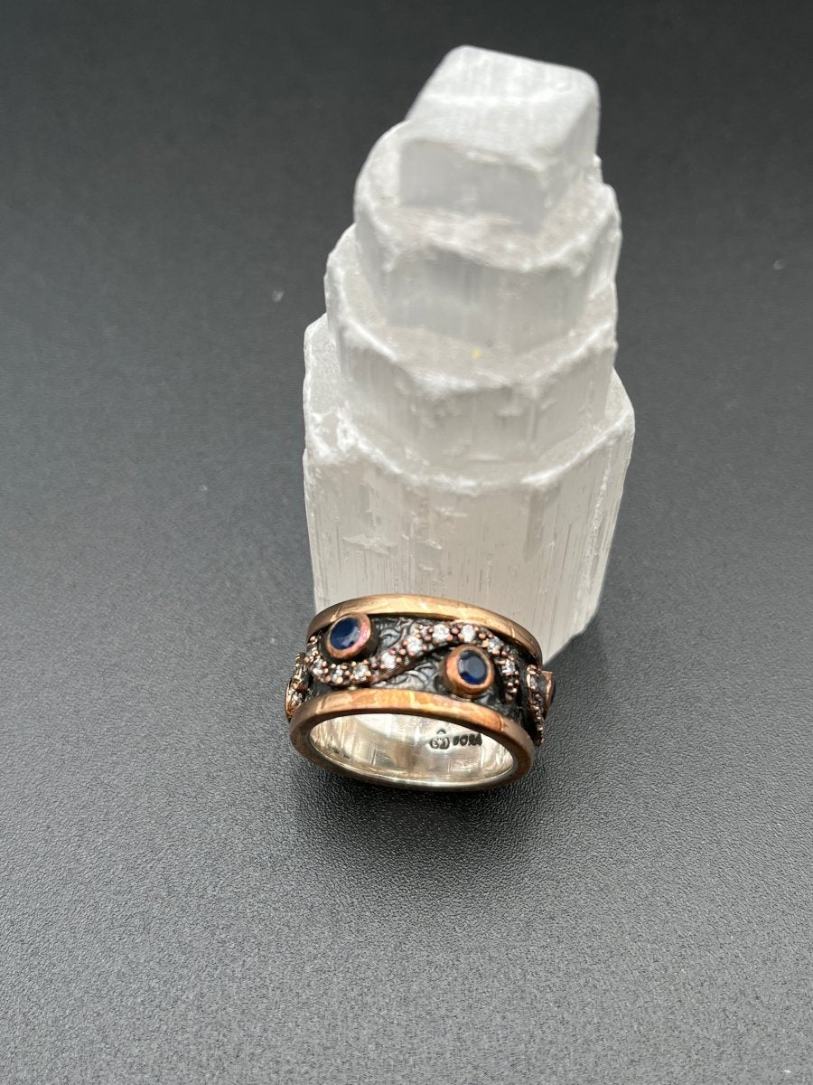 CZ and Sapphires Encircles the Band of Oxidized SilverBORARINGS