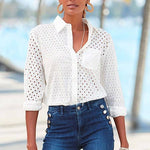 Eyelet Button Down Blouse: CreamLascanaTOPS