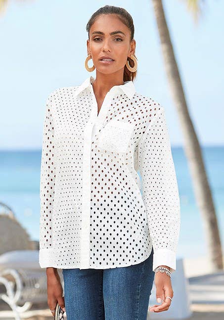 Eyelet Button Down Blouse: CreamLascanaTOPS