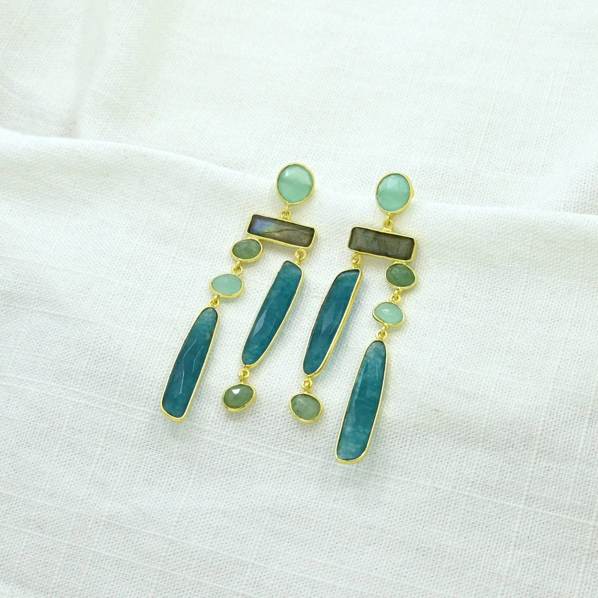 Geometric Statement Earrings - Labradorite & Neon Blue JadeSchmuckoo BerlinEARRINGS