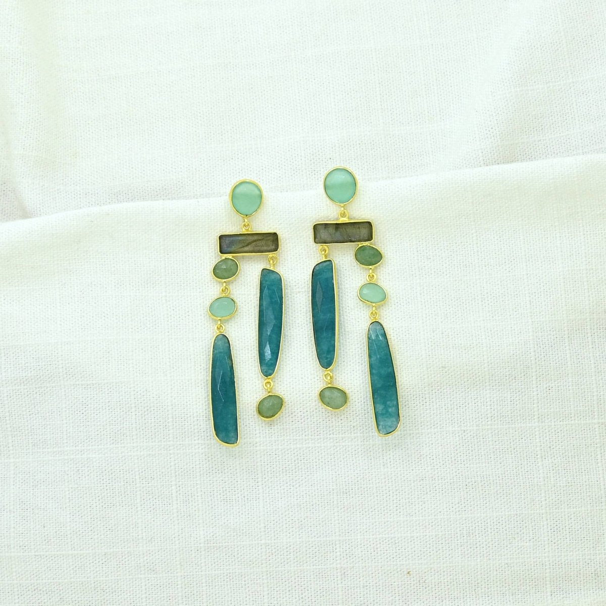 Geometric Statement Earrings - Labradorite & Neon Blue JadeSchmuckoo BerlinEARRINGS