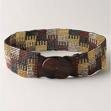 Hand loomed glass bead belt wood scroll jigsaw brown pawaErik & Mike
