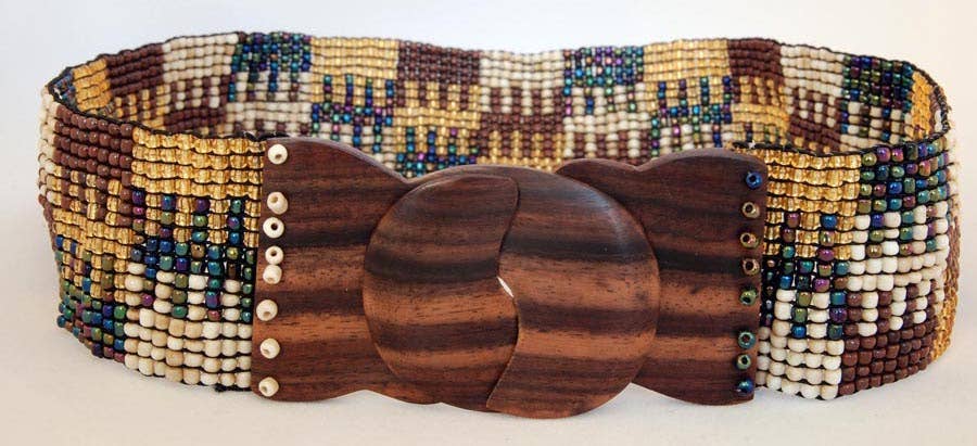 Hand loomed glass bead belt wood scroll jigsaw brown pawaErik & Mike