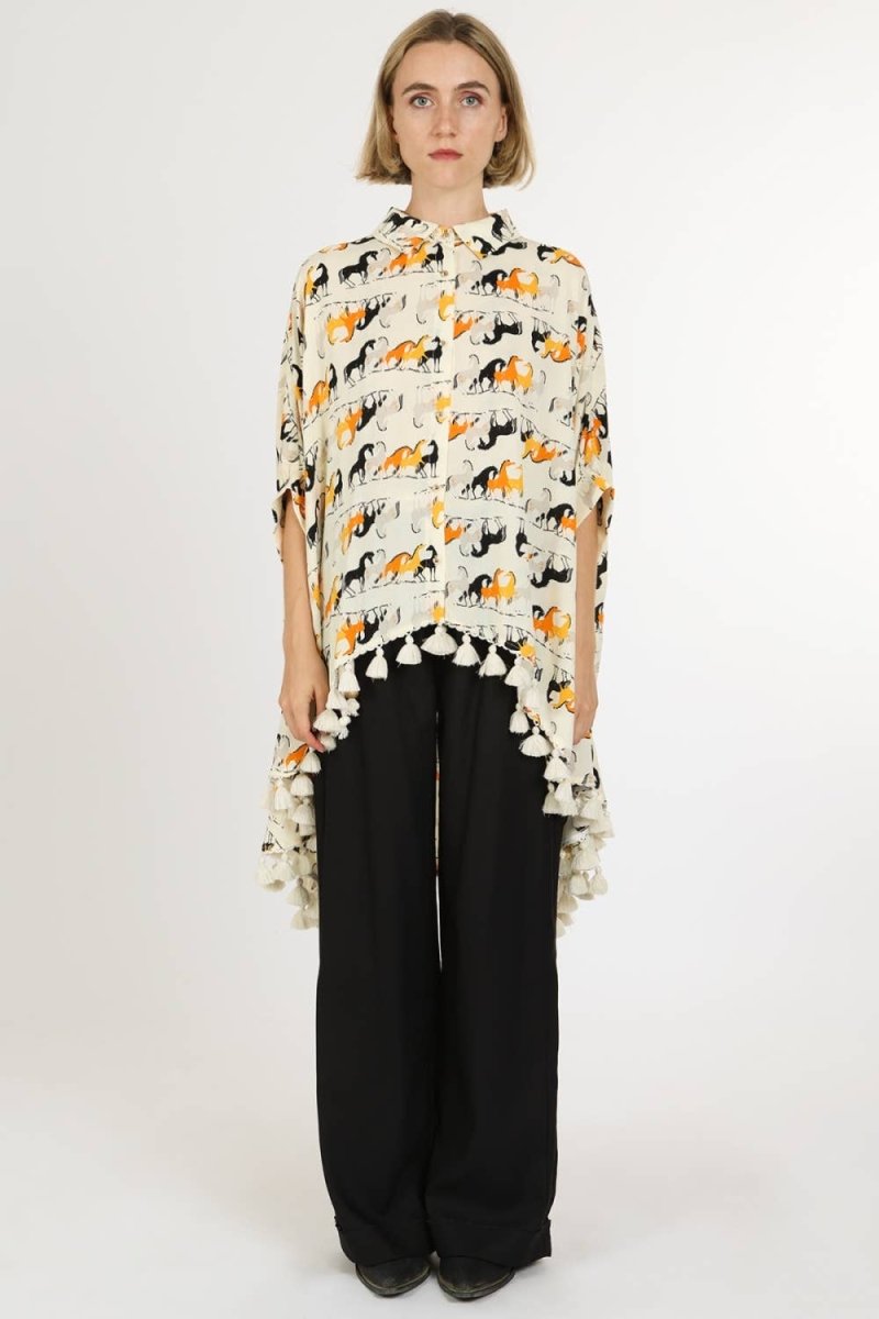Horse Print Hi - Low Tasseled Hem Button - Up TunicBeulah StyleTOPS