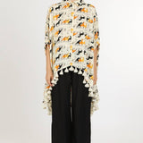 Horse Print Hi - Low Tasseled Hem Button - Up TunicBeulah StyleTOPS