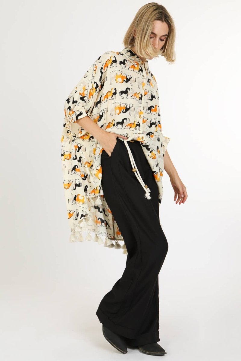 Horse Print Hi - Low Tasseled Hem Button - Up TunicBeulah StyleTOPS
