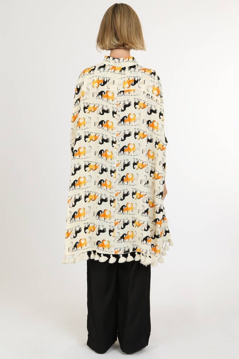 Horse Print Hi - Low Tasseled Hem Button - Up TunicBeulah StyleTOPS