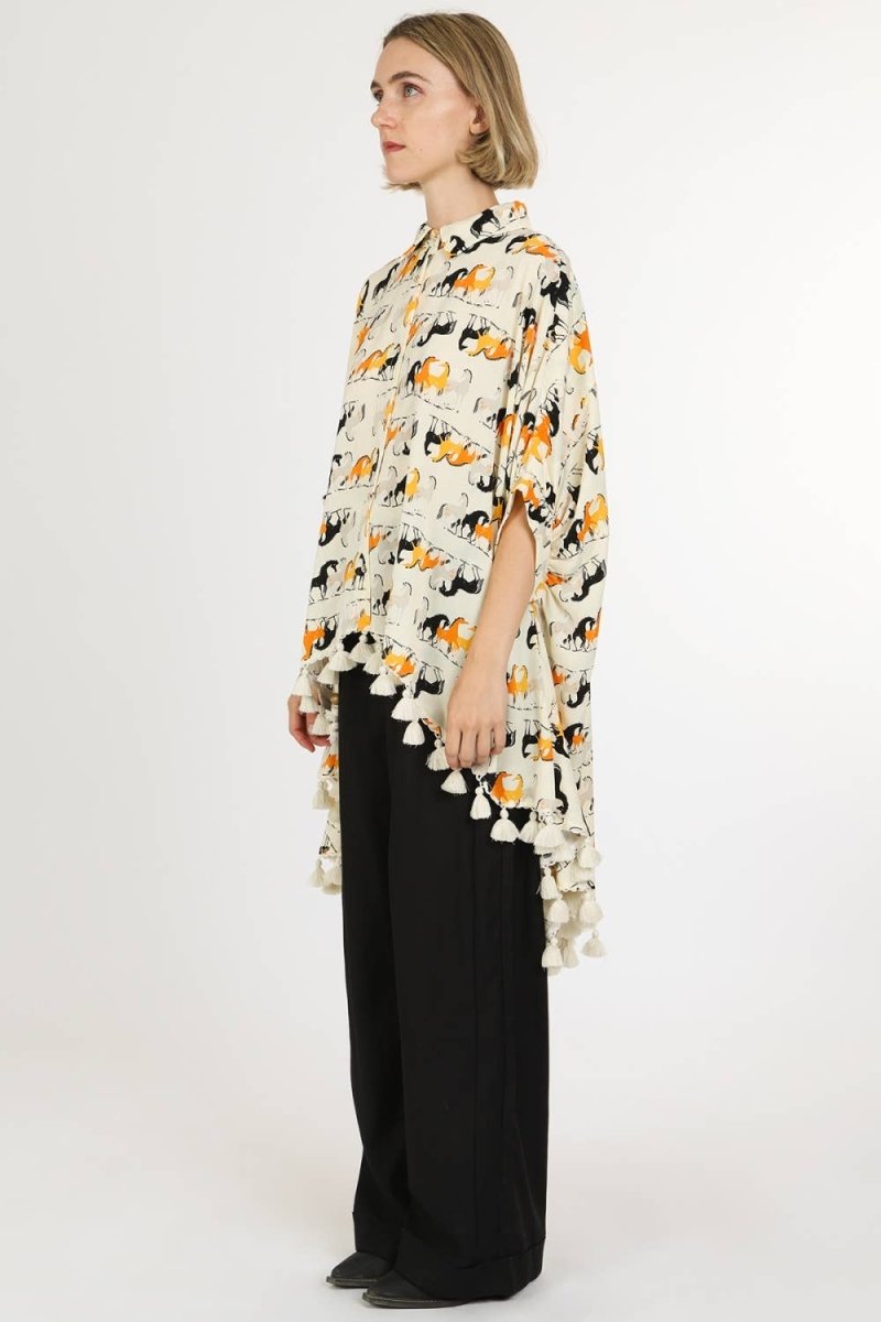 Horse Print Hi - Low Tasseled Hem Button - Up TunicBeulah StyleTOPS
