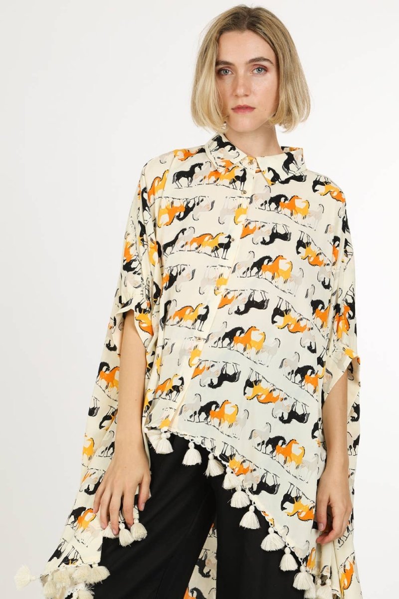 Horse Print Hi - Low Tasseled Hem Button - Up TunicBeulah StyleTOPS