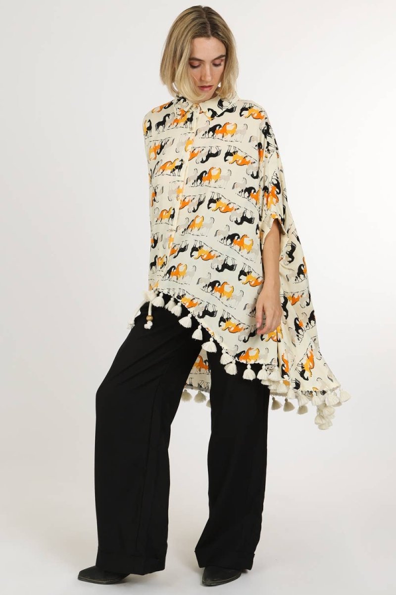 Horse Print Hi - Low Tasseled Hem Button - Up TunicBeulah StyleTOPS