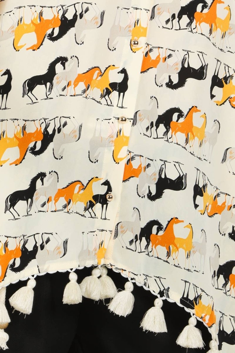Horse Print Hi - Low Tasseled Hem Button - Up TunicBeulah StyleTOPS