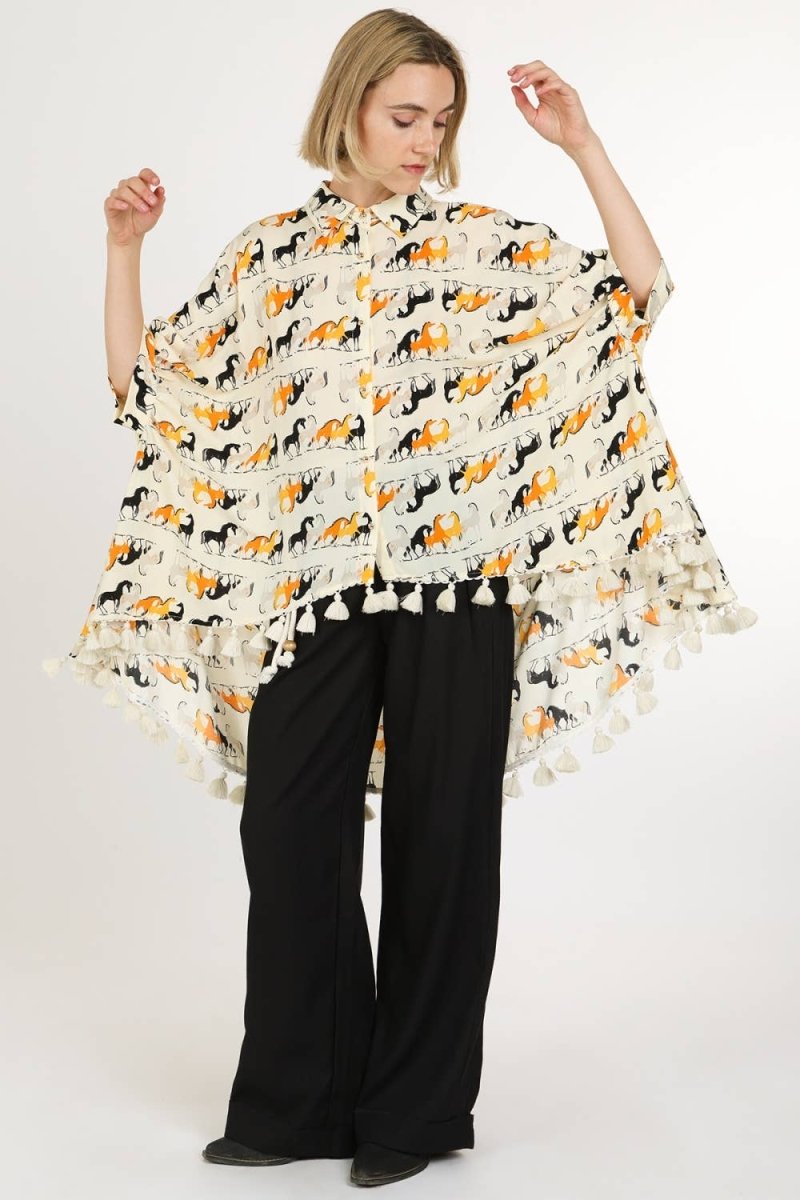 Horse Print Hi - Low Tasseled Hem Button - Up TunicBeulah StyleTOPS