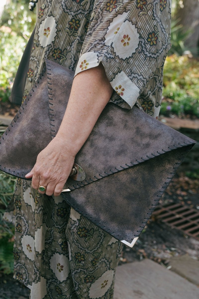 Large leather bag in sparkling taupe color: Large with Silver HardwareANA KOUTSI