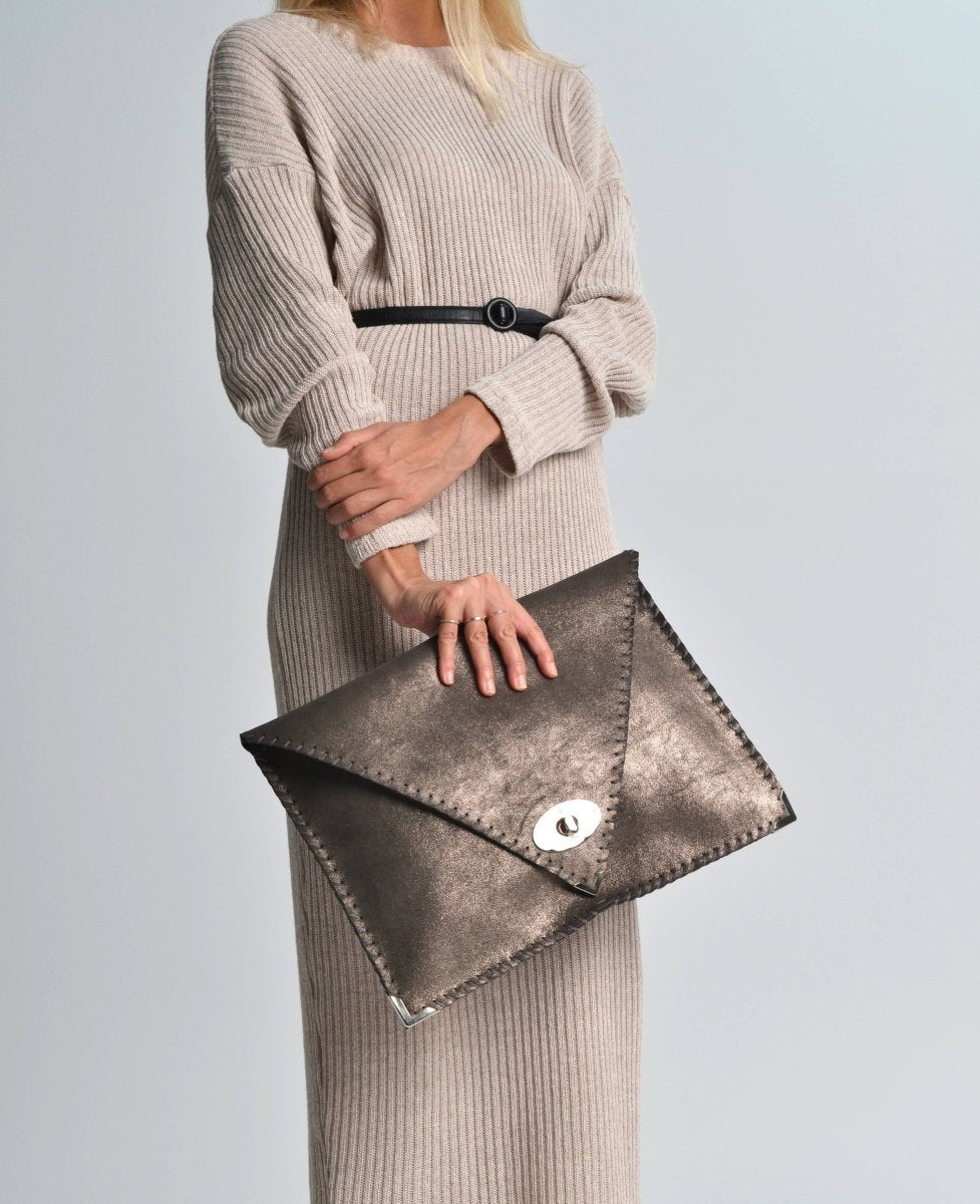 Large leather bag in sparkling taupe color: Large with Silver HardwareANA KOUTSI