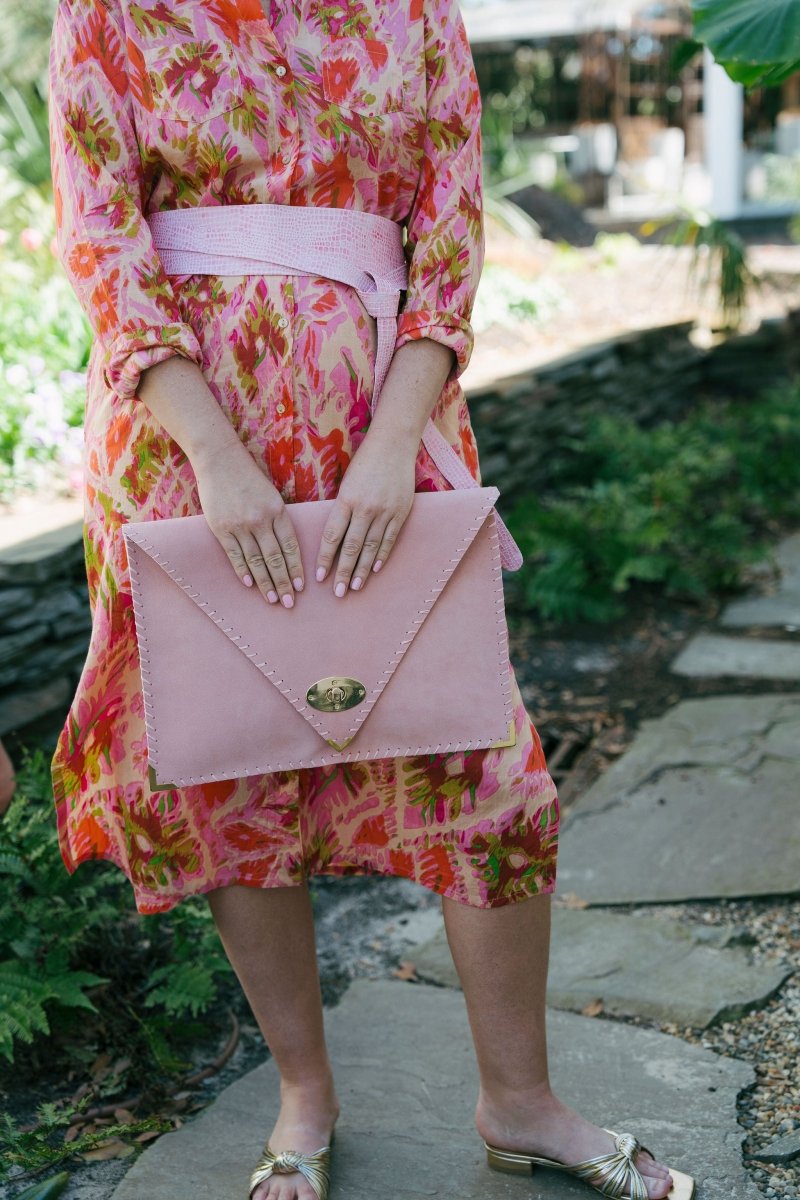 Large Suede clutch in pink: Gold hardwareANA KOUTSIACCESS