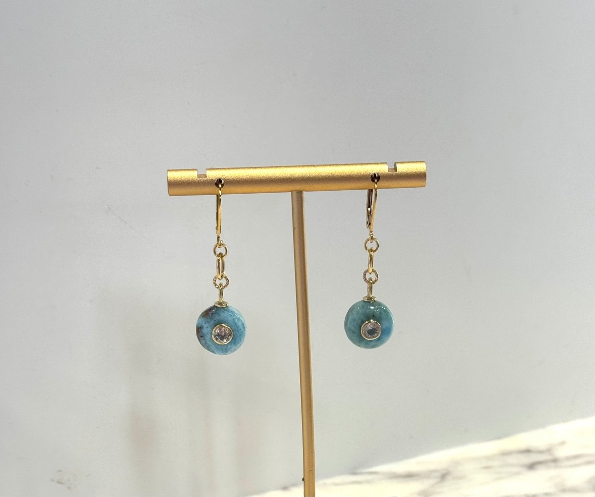 Larimar Coin Gemstones With White Topaz Center On 14Kgf Leverback EarringsBeth ZinkEARRINGS