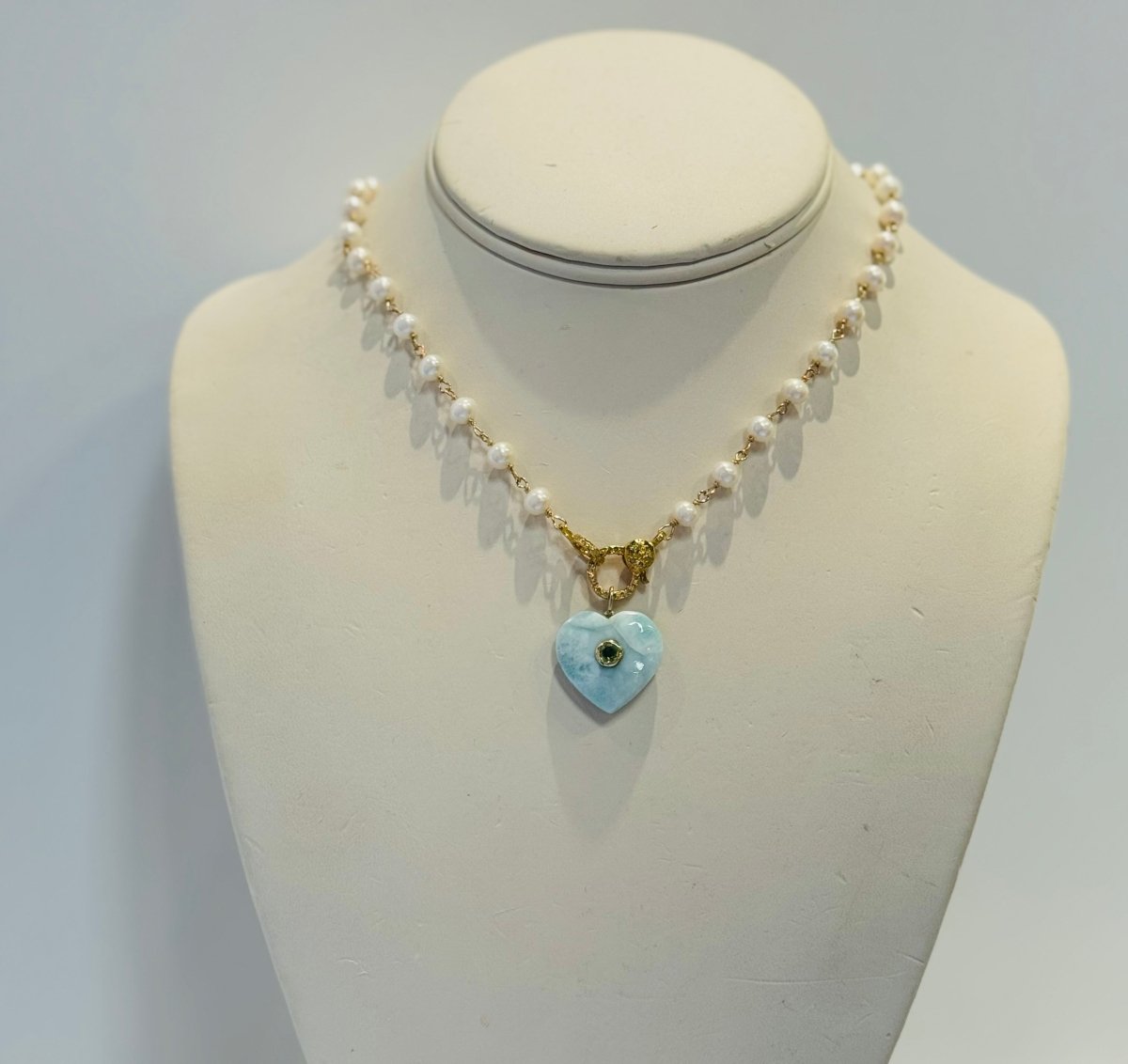 Larimar Heart Pendant With Peridot And Freshwater Pearls With Pave Diamond ClaspBeth ZinkNECKLACES