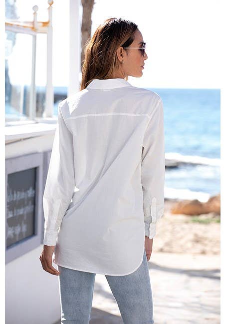 Long Sleeve Button Down Blouse: WhiteLascanaTOPS