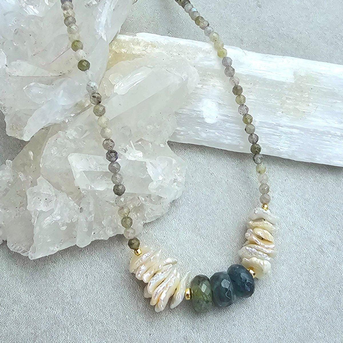 Moss Aquamarine, Petal Pearl, & Labradorite Necklace #8066James & JezebelleNecklace