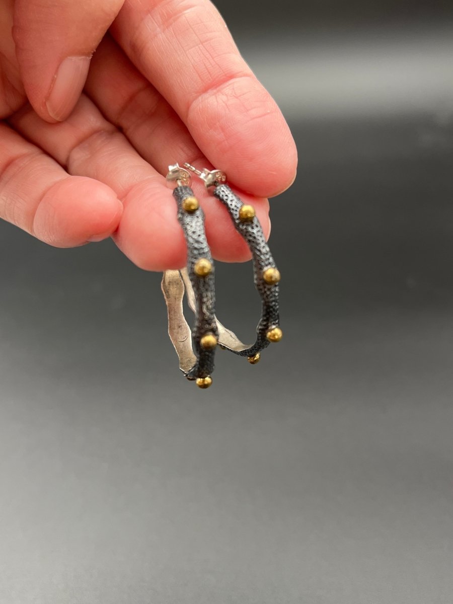 Organic Shape, Oxidized Silver & Bronze Dot Earrings - 1.25” diameterBORAEARRINGS