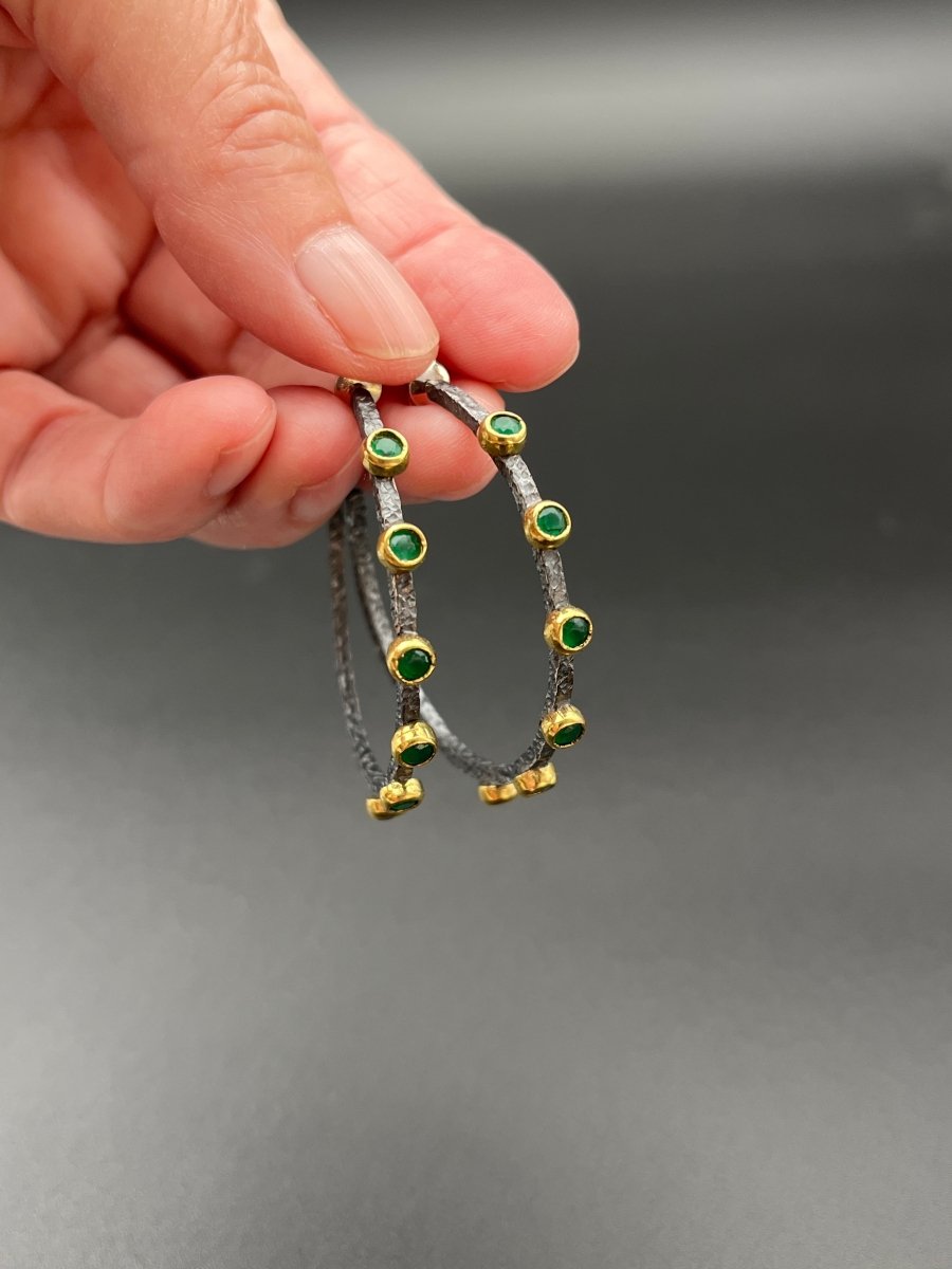 Oxidized Silver & Emerald Hoop Earrings - 1.75” diameterBORAEARRINGS
