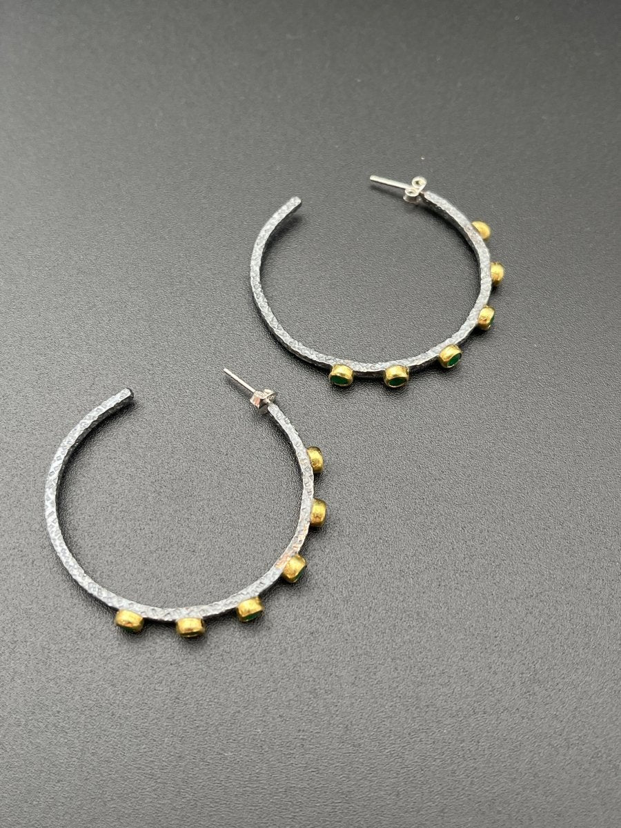 Oxidized Silver & Emerald Hoop Earrings - 1.75” diameterBORAEARRINGS