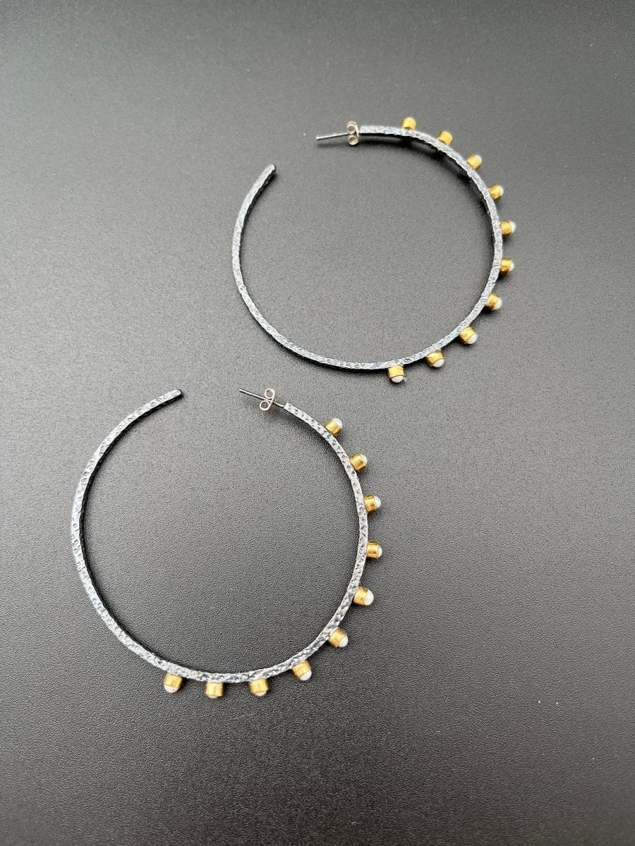 Oxidized Silver & Pearl Hoop Earrings - 2.5” diameterBORAEARRINGS