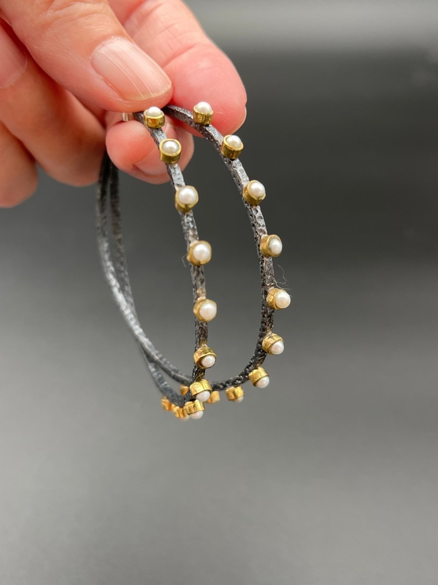 Oxidized Silver & Pearl Hoop Earrings - 2.5” diameterBORAEARRINGS
