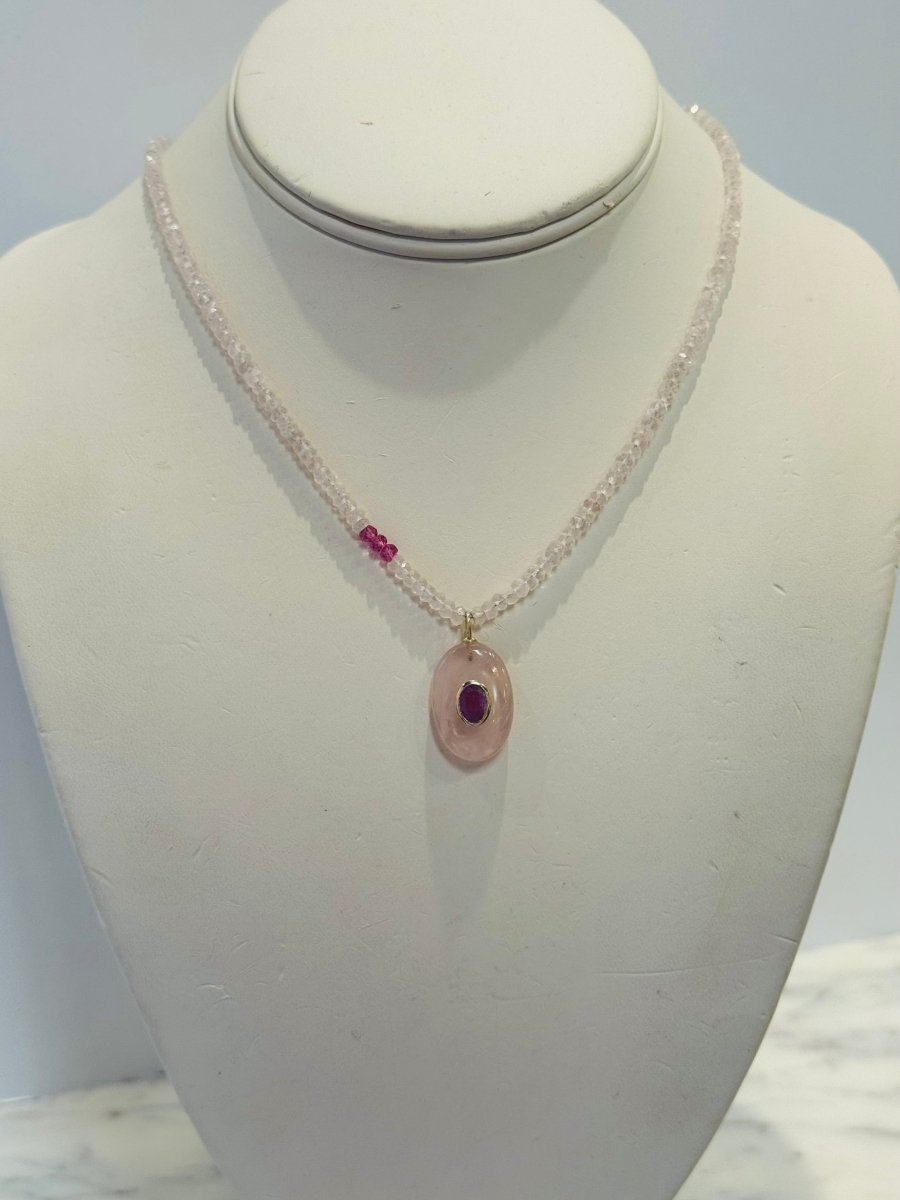 Rose Quartz Oval Pendant With Pink Topaz With Rose Quartz Rondelles Short NecklaceBeth ZinkNECKLACES