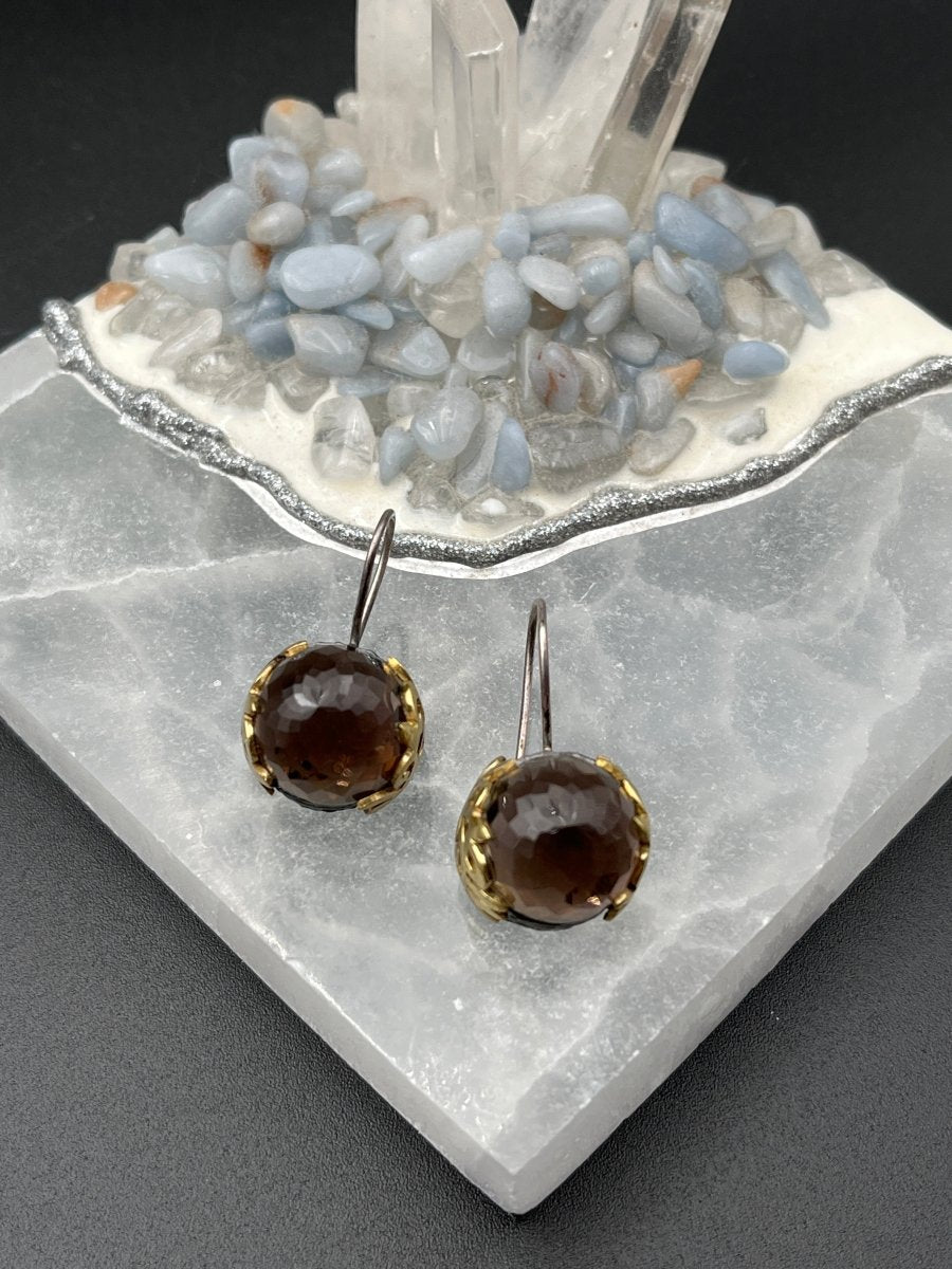 Round, Faceted Smoky Quartz Earrings - 1” longBORAEARRINGS