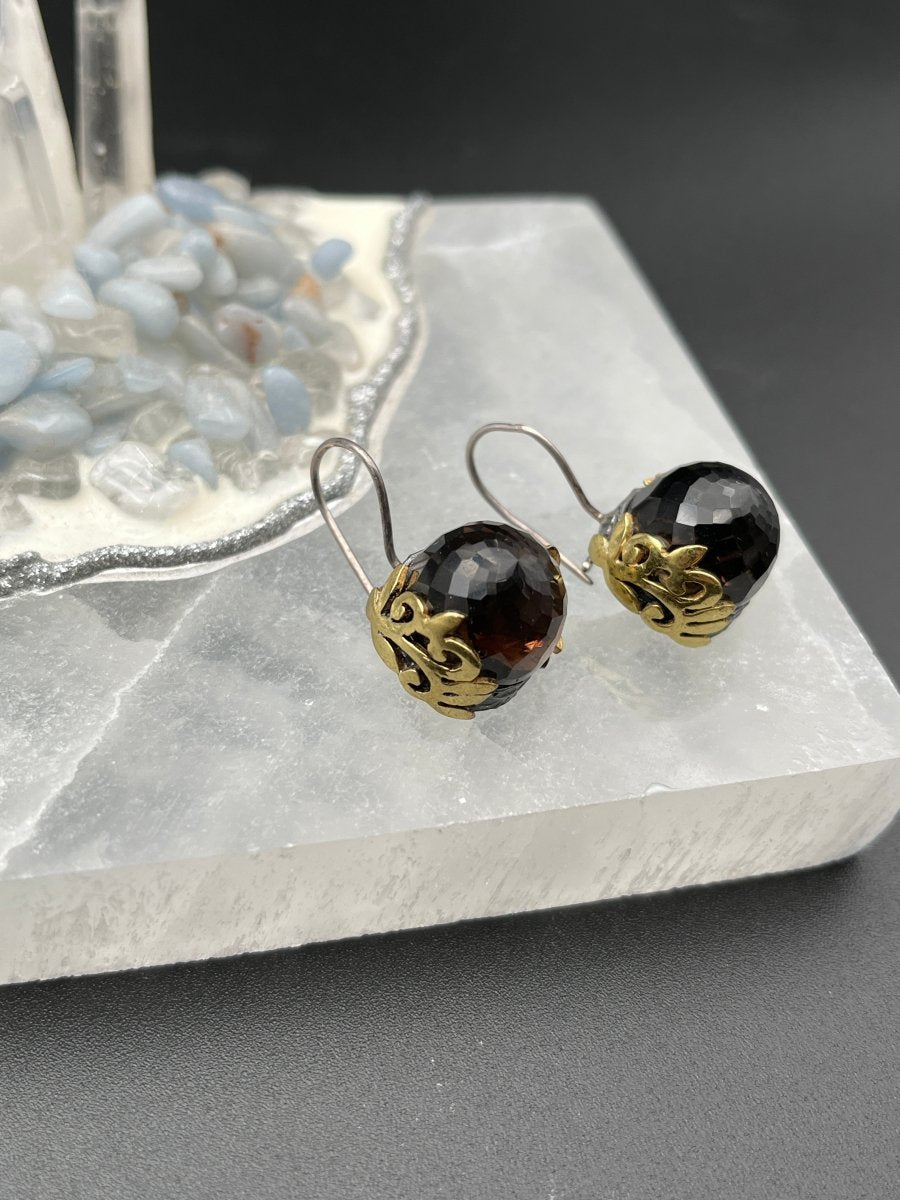 Round, Faceted Smoky Quartz Earrings - 1” longBORAEARRINGS