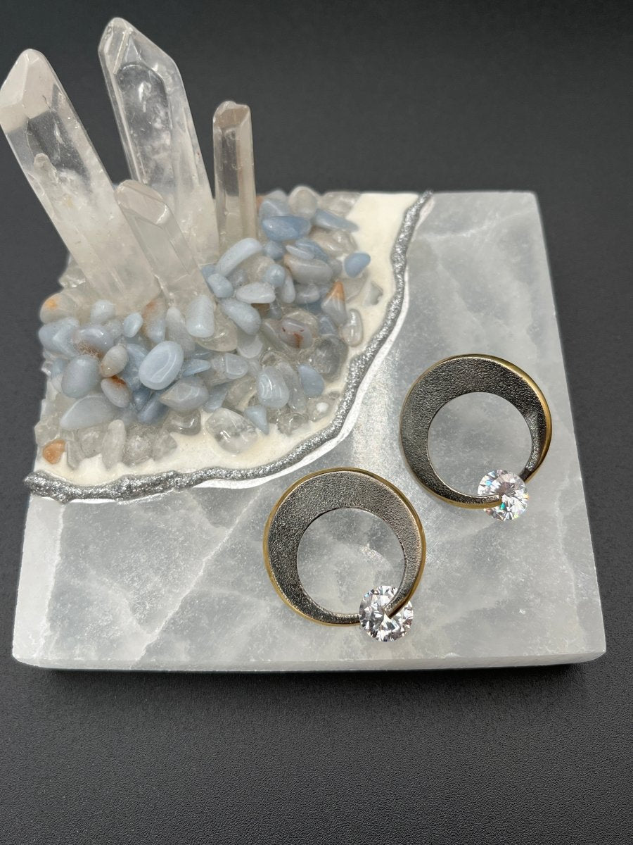 Round Silver and Gold and CZ Earrings - 1” roundBORAEARRINGS
