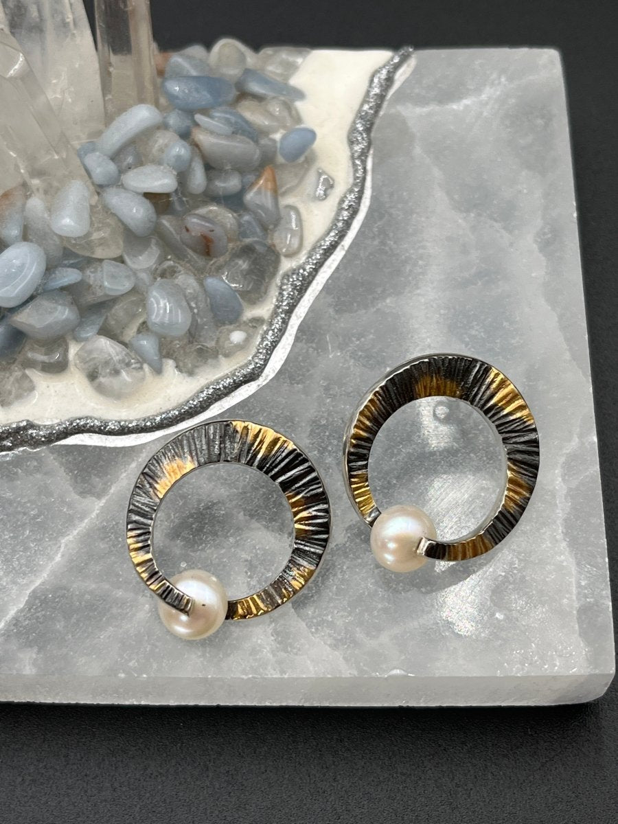 Round Silver and Gold and Pearl Earrings - 1” roundBORAEARRINGS