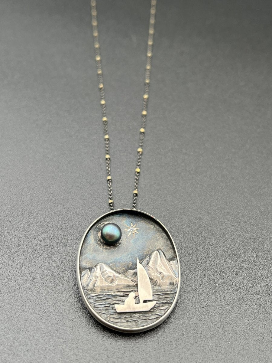 Sailing with a Black Pearl Moon NecklaceBORANECKLACES