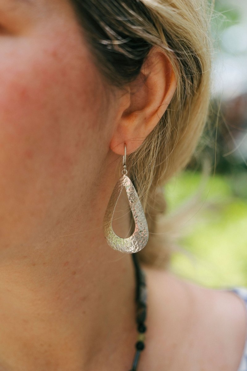 Sterling Silver Long Hammered Teardrop with Cutout EarringsJinjaEARRINGS