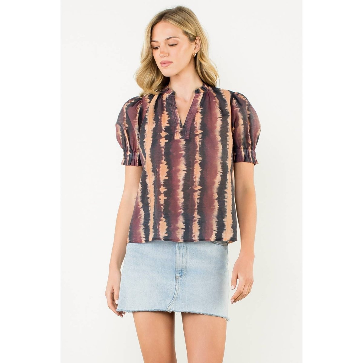 Tie - Dye Puff Sleeve Split Neck Top – WineTHMLblouse