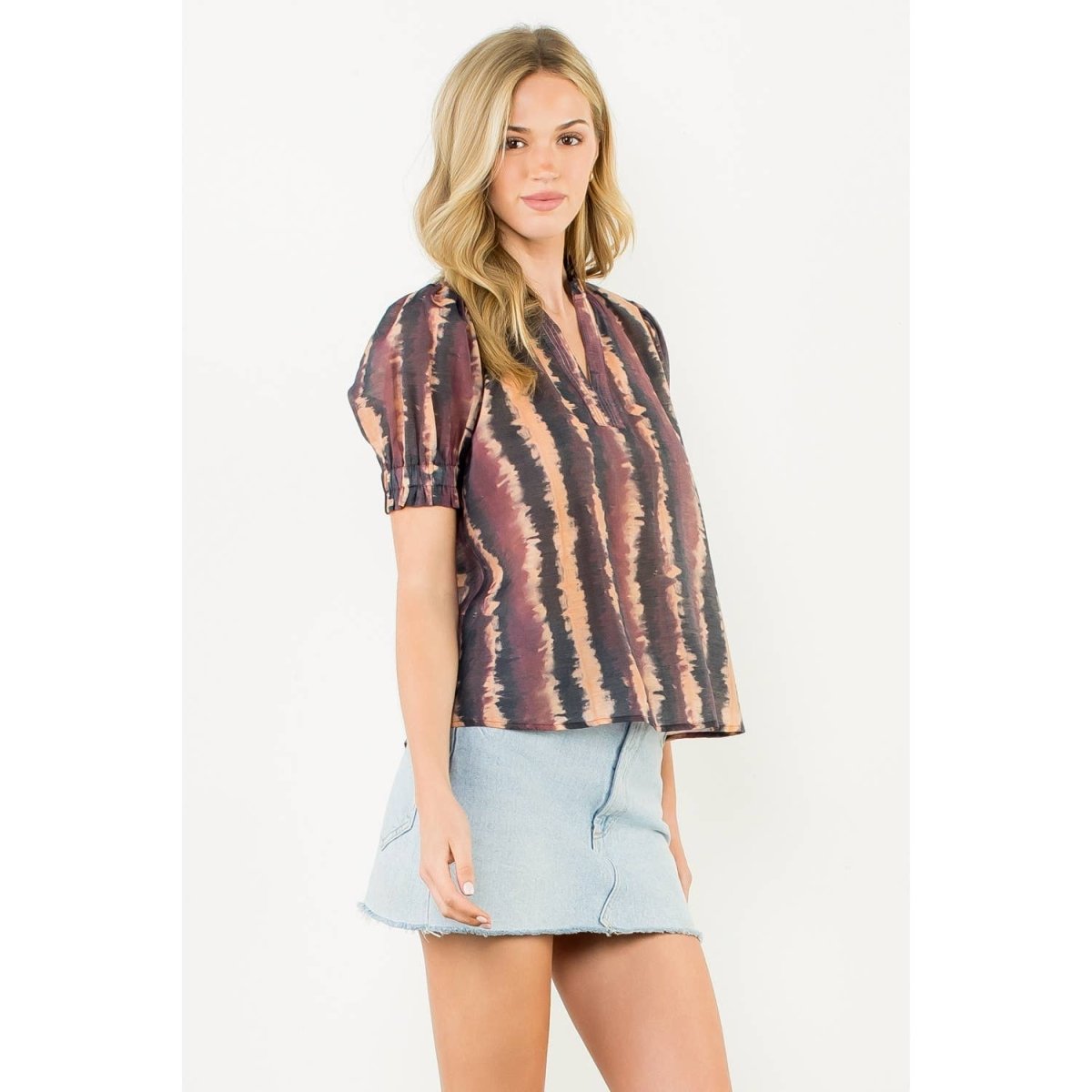 Tie - Dye Puff Sleeve Split Neck Top – WineTHMLblouse