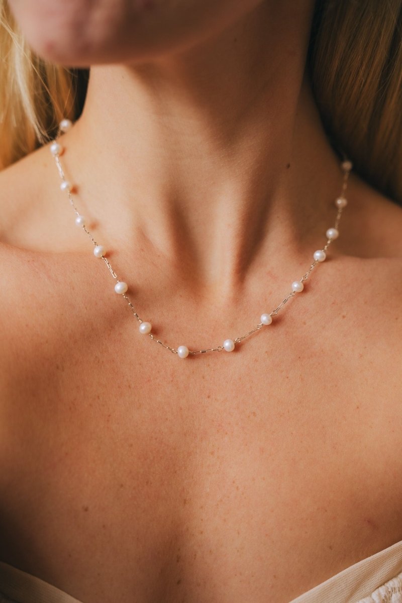 White Freshwater Pearls on Small Sterling Silver Paperclip Chain Short NecklaceBeth ZinkNECKLACES