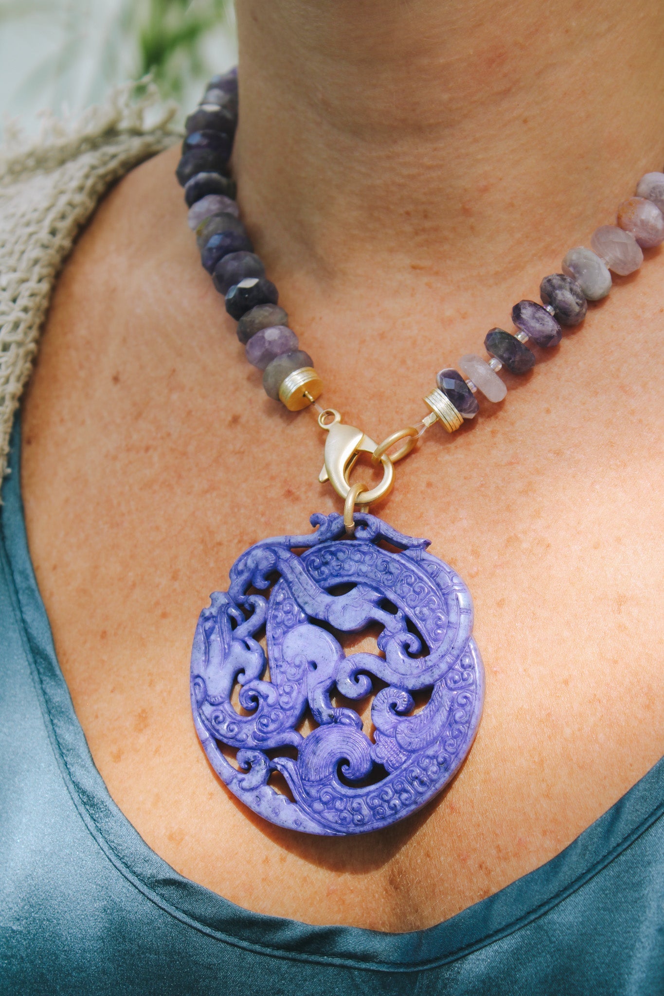Amethyst Stones & Jade Chinese Medallion NecklaceRobin JacksonNecklace