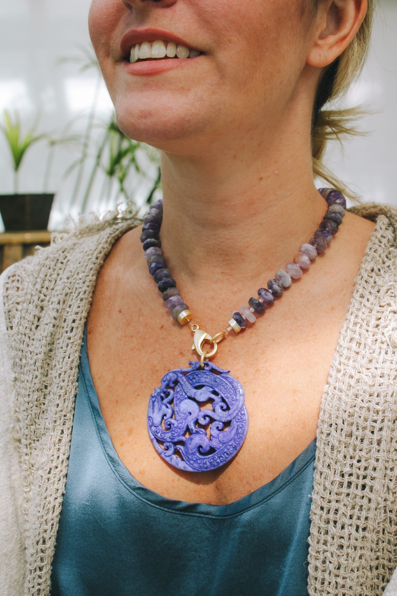 Amethyst Stones & Jade Chinese Medallion NecklaceRobin JacksonNecklace