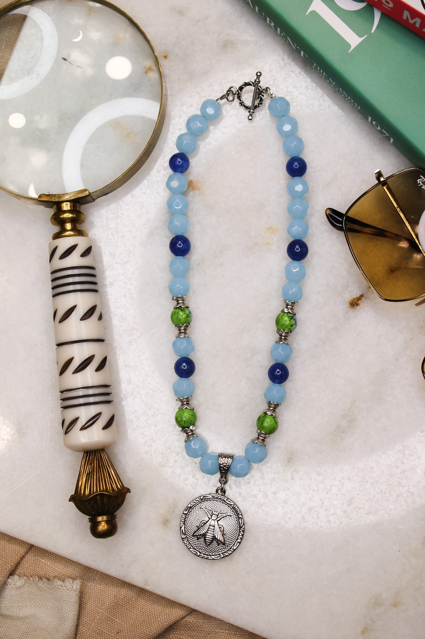Aqua Glass Bead Necklace w Silver Bee PendantBella Smith DesignsNecklace