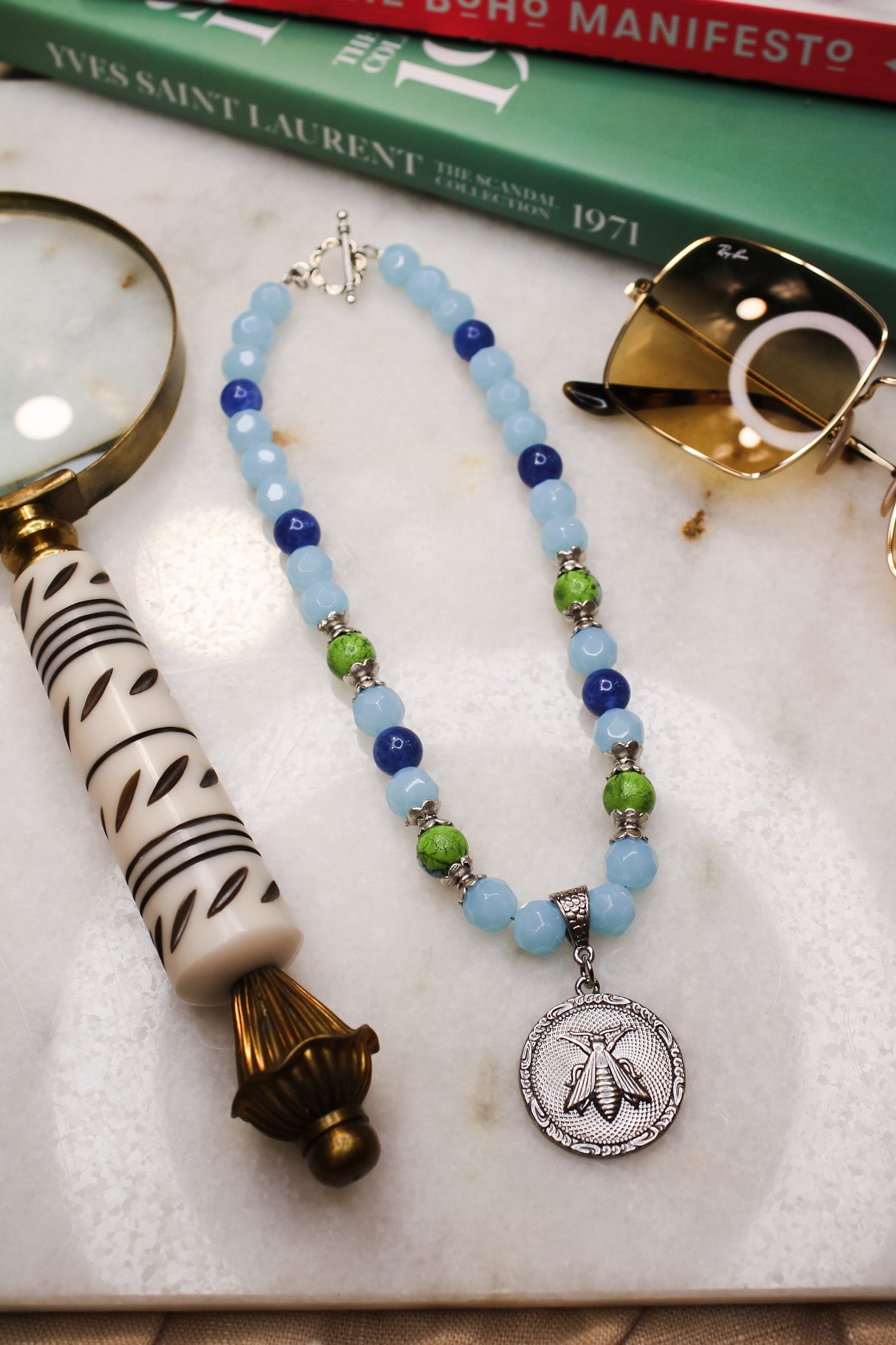Aqua Glass Bead Necklace w Silver Bee PendantBella Smith DesignsNecklace