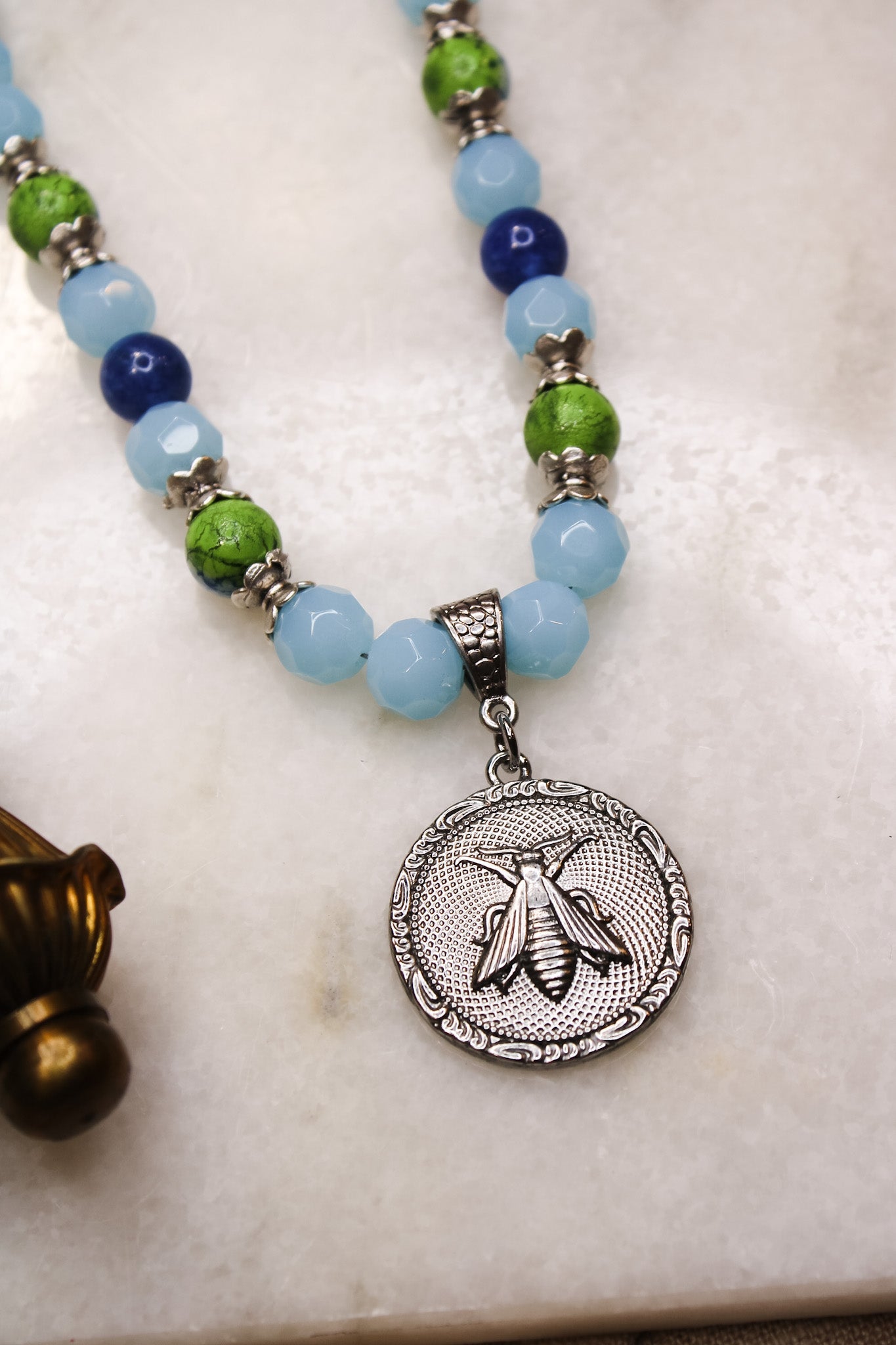 Aqua Glass Bead Necklace w Silver Bee PendantBella Smith DesignsNecklace