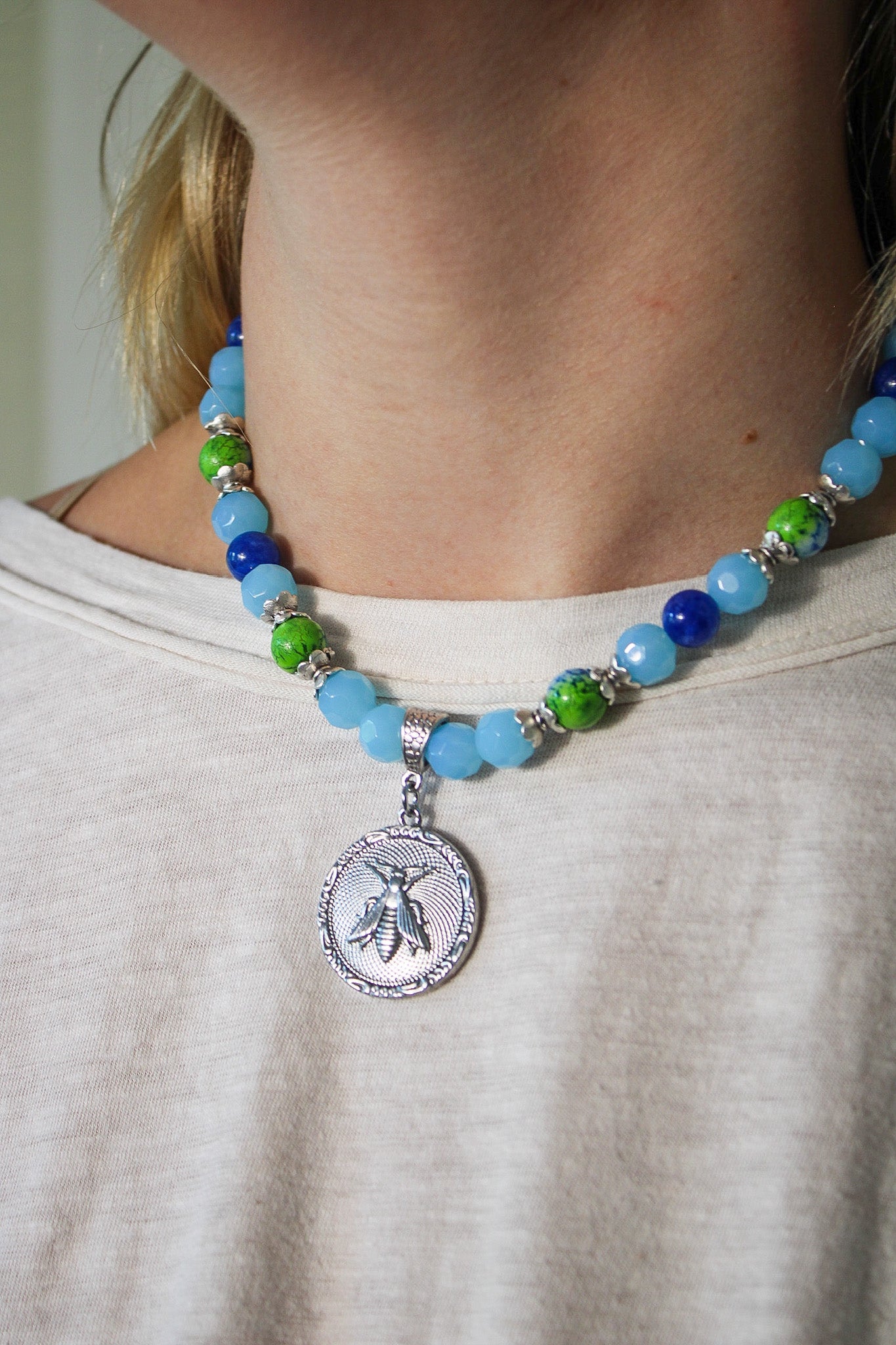 Aqua Glass Bead Necklace w Silver Bee PendantBella Smith DesignsNecklace